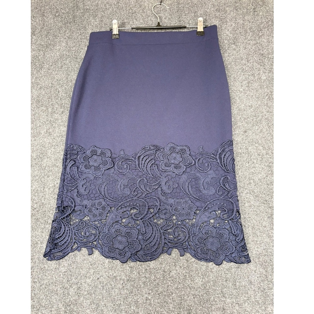 Olivia Blu Pencil Skirt Womens Large Navy Blue Floral Lace Hem Stretch 20521TC
